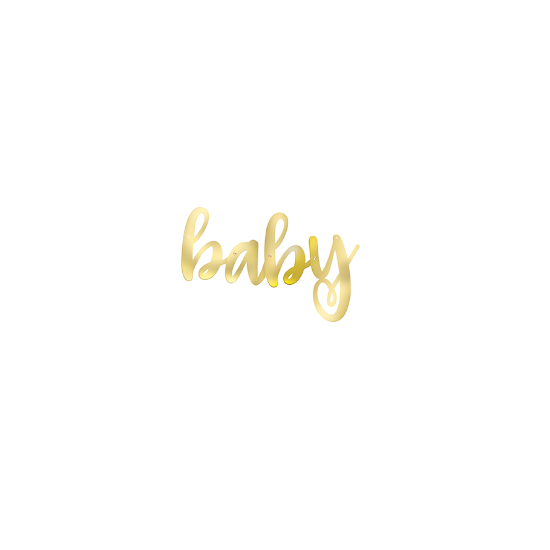 Gold baby script cake topper for baby shower from Parte Haus party supply store in Bethesda Maryland