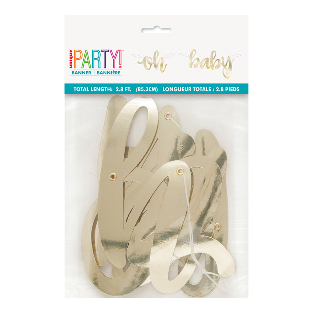 Gold oh baby banner with shiny script letters for baby shower from Parte Haus party supply store in Bethesda Maryland
