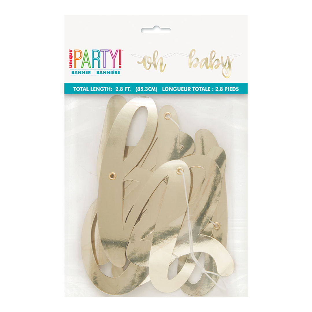 Gold oh baby banner with shiny script letters for baby shower from Parte Haus party supply store in Bethesda Maryland