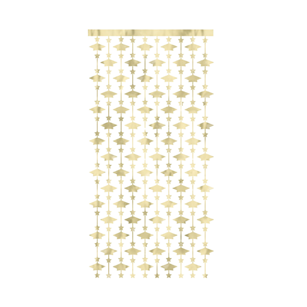 Gold graduation hanging backdrop with cap shapes for graduation from Parte Haus party supply store in Bethesda MD.