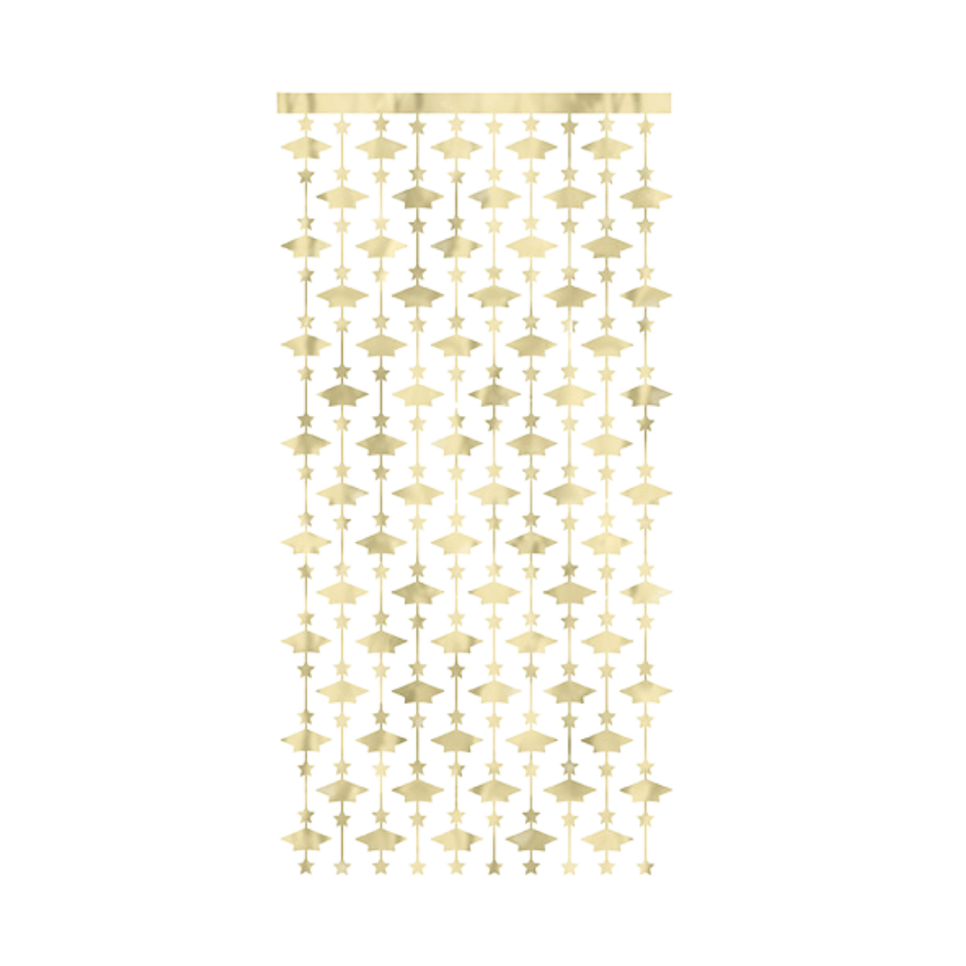 Gold graduation hanging backdrop with cap shapes for graduation from Parte Haus party supply store in Bethesda MD.