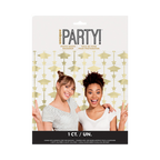 Gold photo booth backdrop with geometric hanging shapes for birthday celebration from Parte Haus party supply store in Bethesda MD