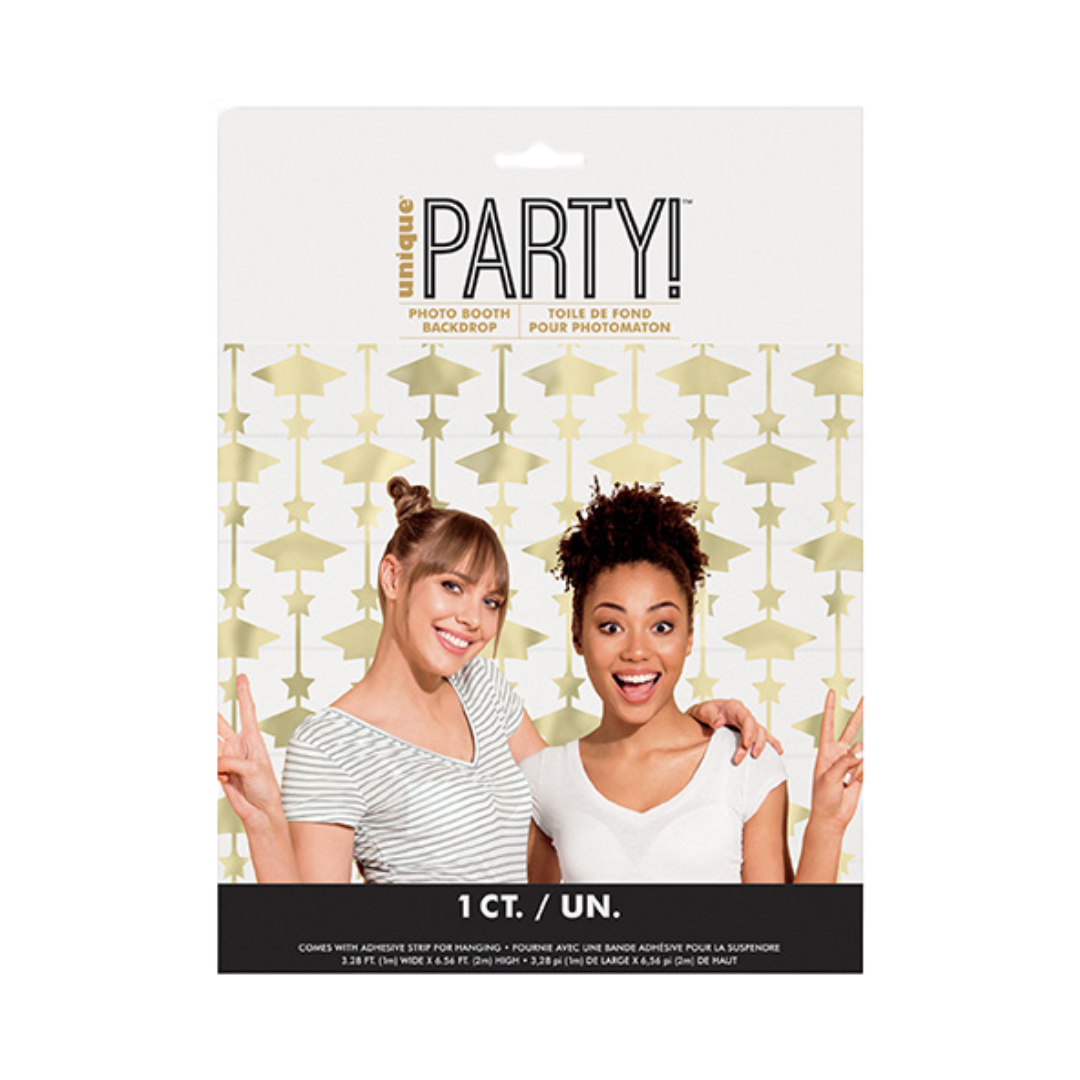 Gold photo booth backdrop with geometric hanging shapes for birthday celebration from Parte Haus party supply store in Bethesda MD
