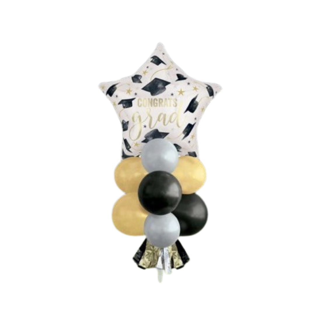 Black gold and silver graduation balloon bouquet with congrats grad star from Parte Haus party supply store in Bethesda Maryland.