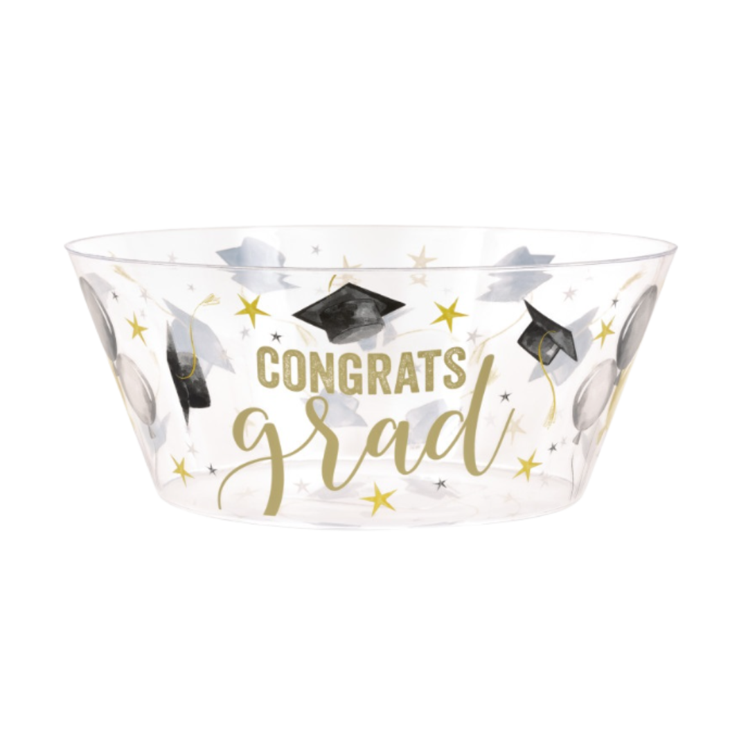 Clear and gold graduation bowl with grad caps for graduation theme from Parte Haus party supply store in Bethesda MD
