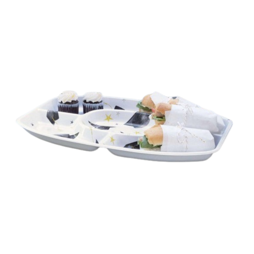 white star and moon divided serving tray with mini sandwiches and cupcakes celebration from Parte Haus party supply store in Bethesda MD