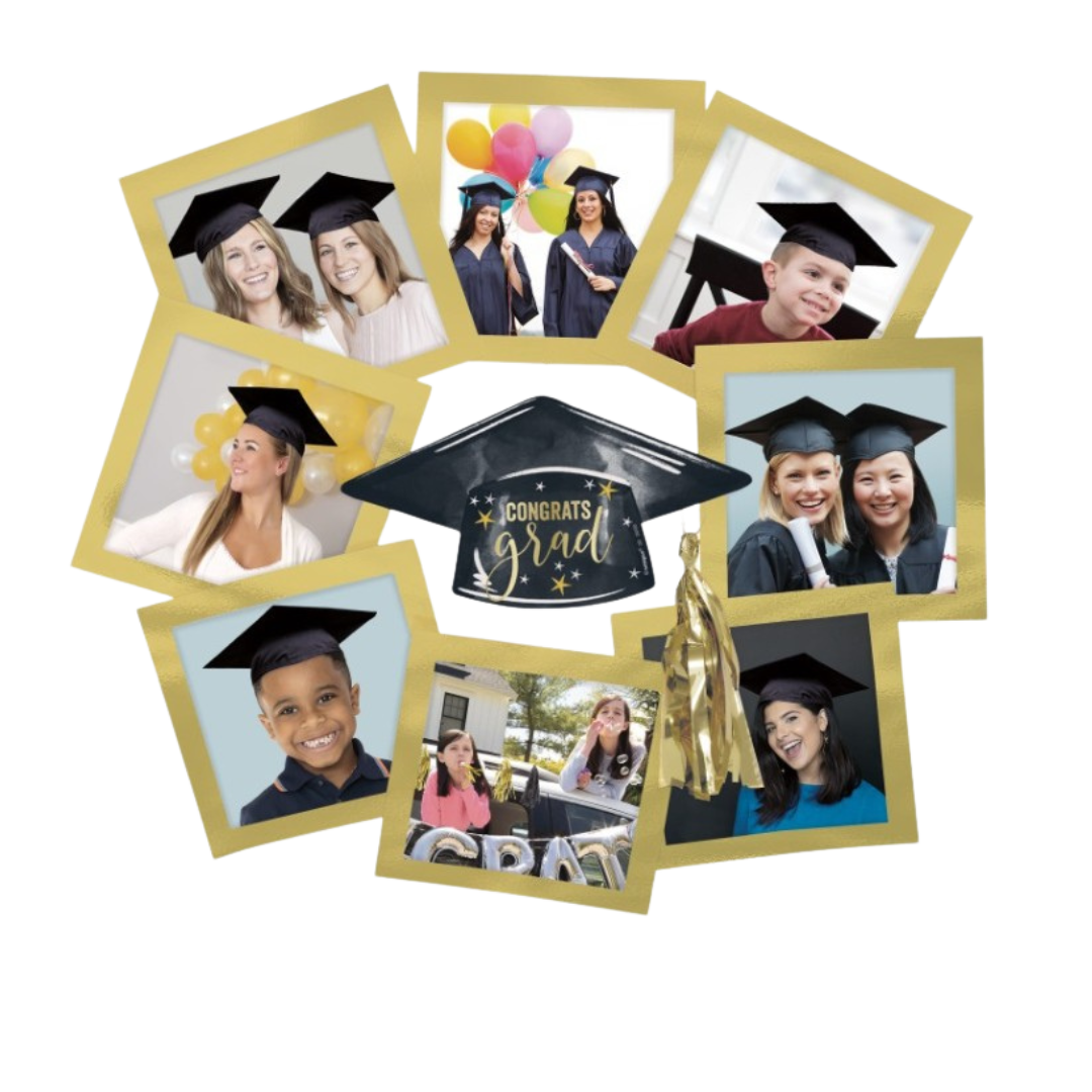 Black and gold graduation photo frame with cap and tassel for graduation from Parte Haus party supply store in Bethesda MD
