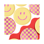 Yellow smiley face and checkered plates for birthday celebration from Parte Haus party supply store in Bethesda MD