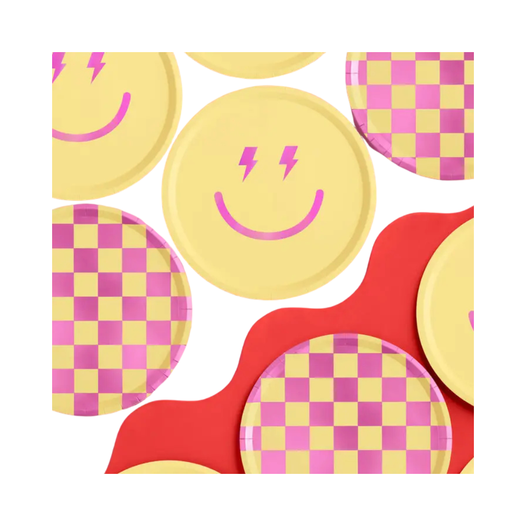 Yellow smiley face and checkered plates for birthday celebration from Parte Haus party supply store in Bethesda MD