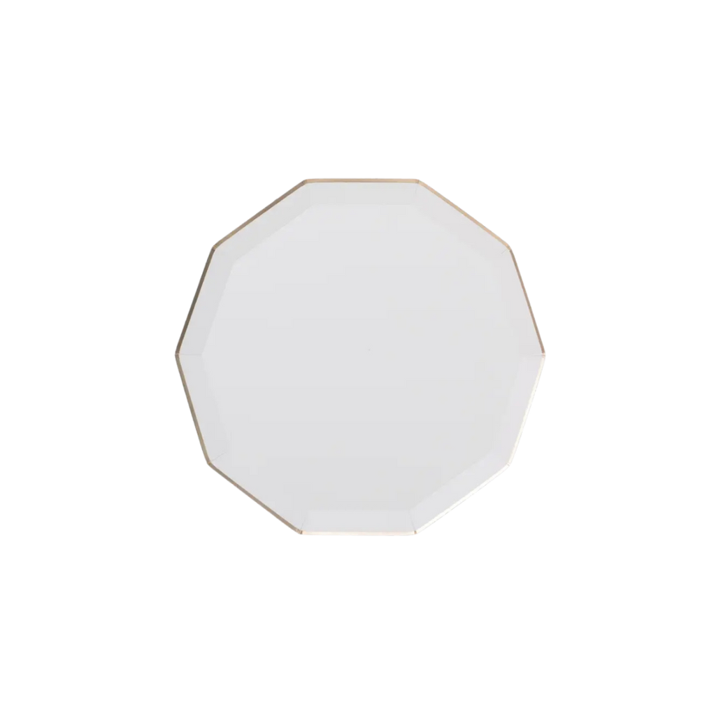 White octagon plate with gold trim elegant tableware for celebrations from Parte Haus party supply store in Bethesda MD