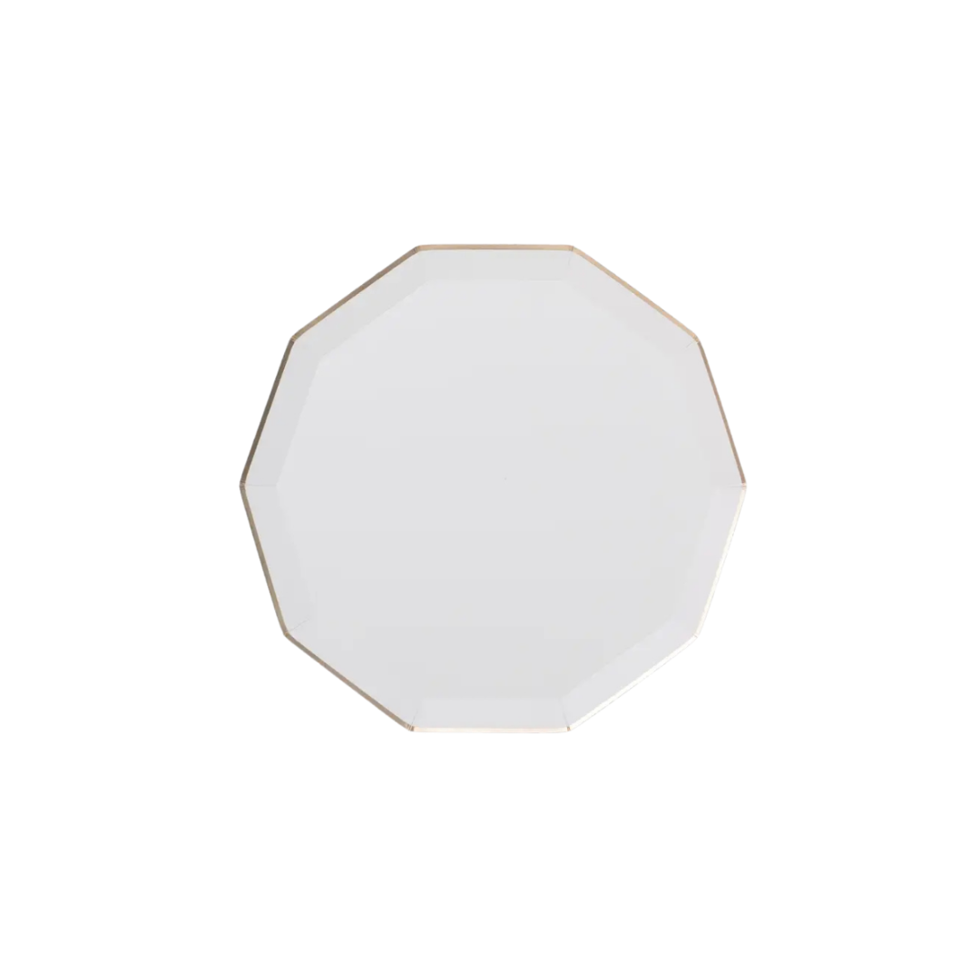 White octagon plate with gold trim elegant tableware for celebrations from Parte Haus party supply store in Bethesda MD