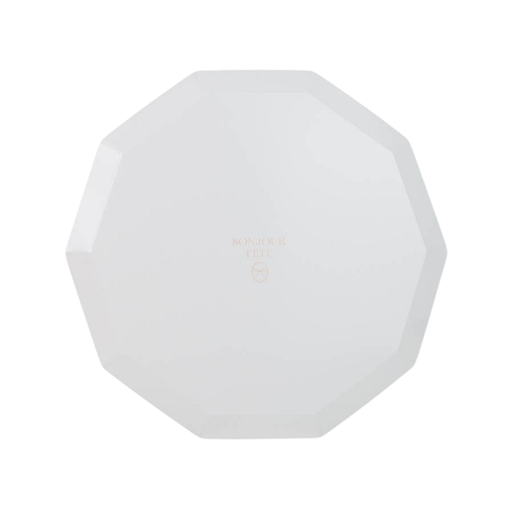 White octagon plate with Bonjour Fete text for elegant celebrations from Parte Haus party supply store in Bethesda MD