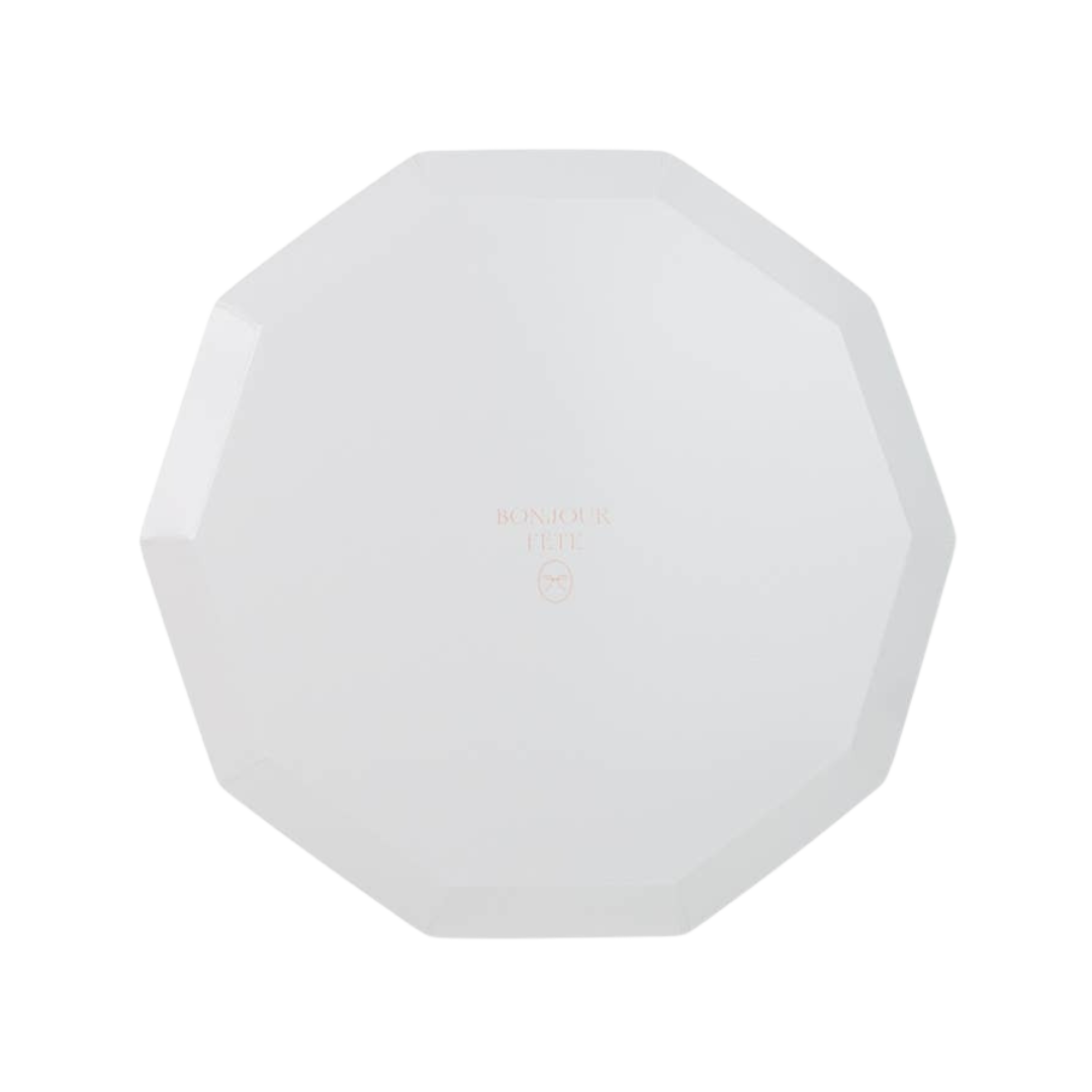 White octagon plate with Bonjour Fete text for elegant celebrations from Parte Haus party supply store in Bethesda MD