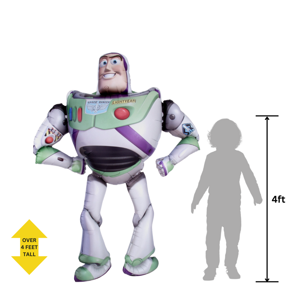 White and green Buzz Lightyear balloon figure with child silhouette Toy Story theme from Parte Haus party supply store in Bethesda MD