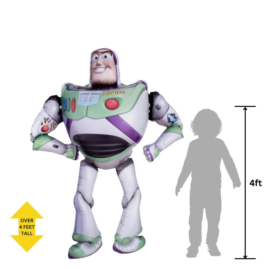 White and green Buzz Lightyear balloon figure with child silhouette Toy Story theme from Parte Haus party supply store in Bethesda MD