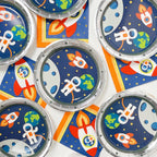 blue space astronaut plates and rocket napkins for kids birthday from Parte Haus party supply store in Bethesda MD