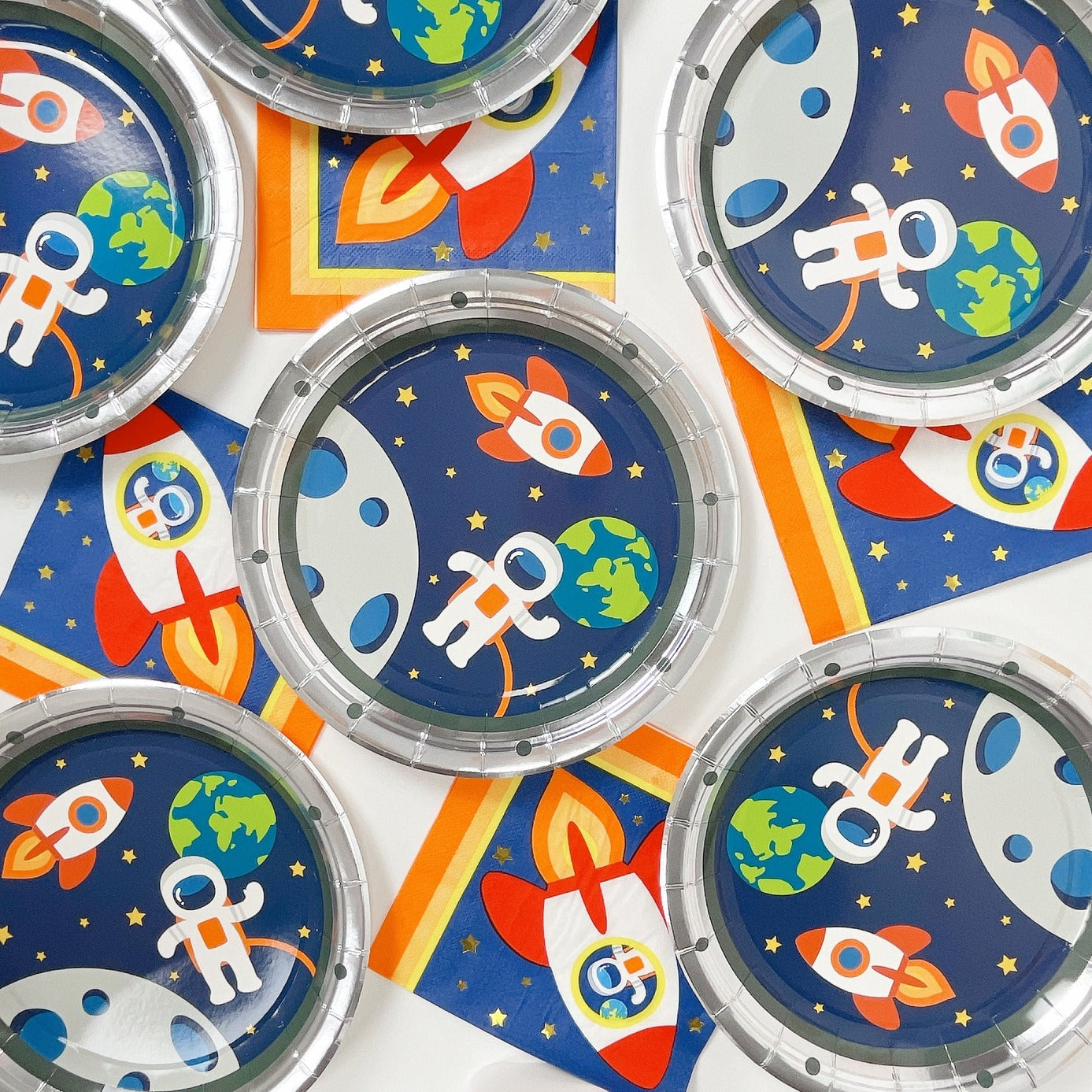 blue space astronaut plates and rocket napkins for kids birthday from Parte Haus party supply store in Bethesda MD