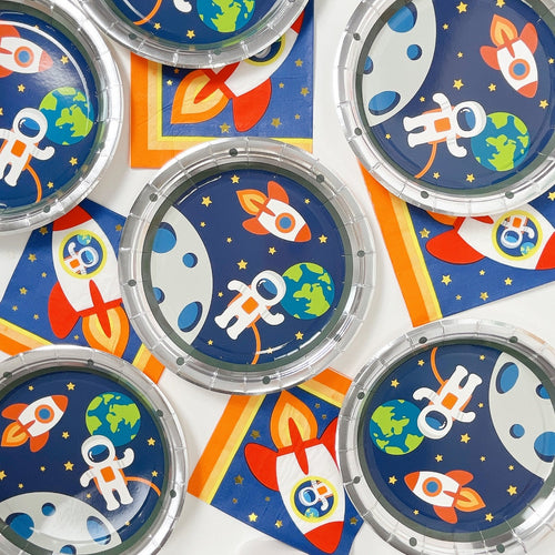 blue space astronaut plates and rocket napkins for kids birthday from Parte Haus party supply store in Bethesda MD