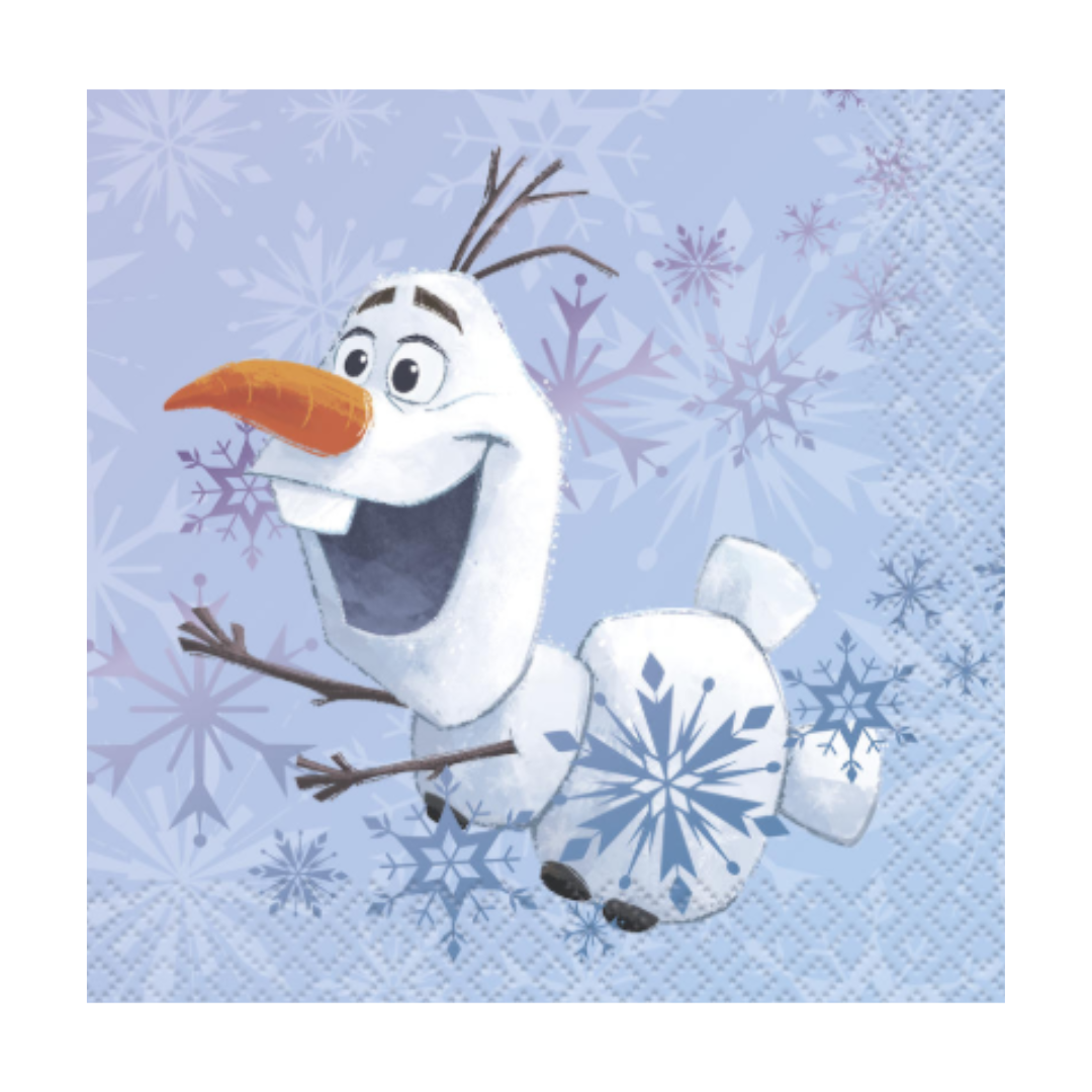Blue Frozen snowman napkin with snowflake background for kids birthday from Parte Haus party supply store in Bethesda MD