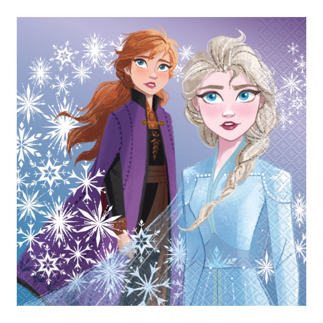 Purple and blue Frozen napkin with Anna and Elsa snowflake print birthday theme from Parte Haus party supply store in Bethesda MD