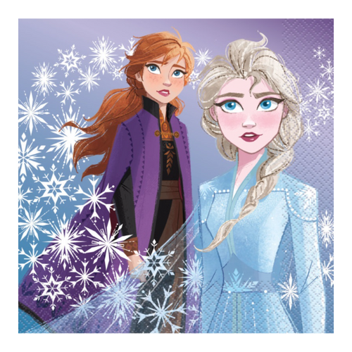 Purple and blue Frozen napkin with Anna and Elsa snowflake print birthday theme from Parte Haus party supply store in Bethesda MD