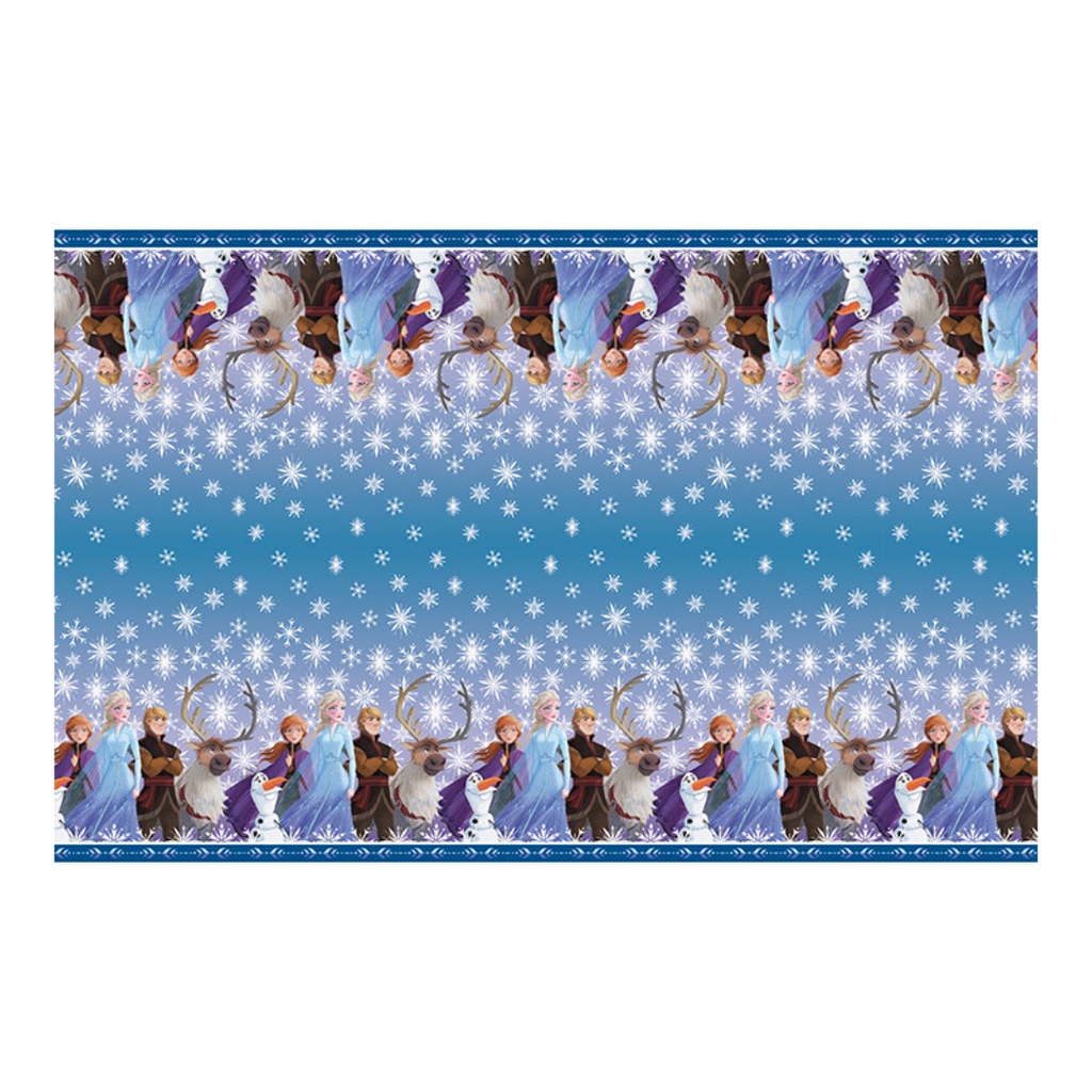 Blue Frozen table cover with snowflake pattern for kids birthday from Parte Haus party supply store in Bethesda MD