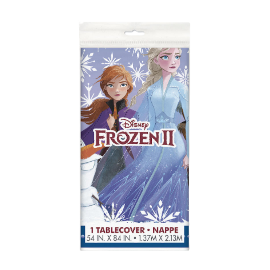 Purple Frozen II tablecover with Elsa and Anna for birthday from Parte Haus party supply store in Bethesda MD