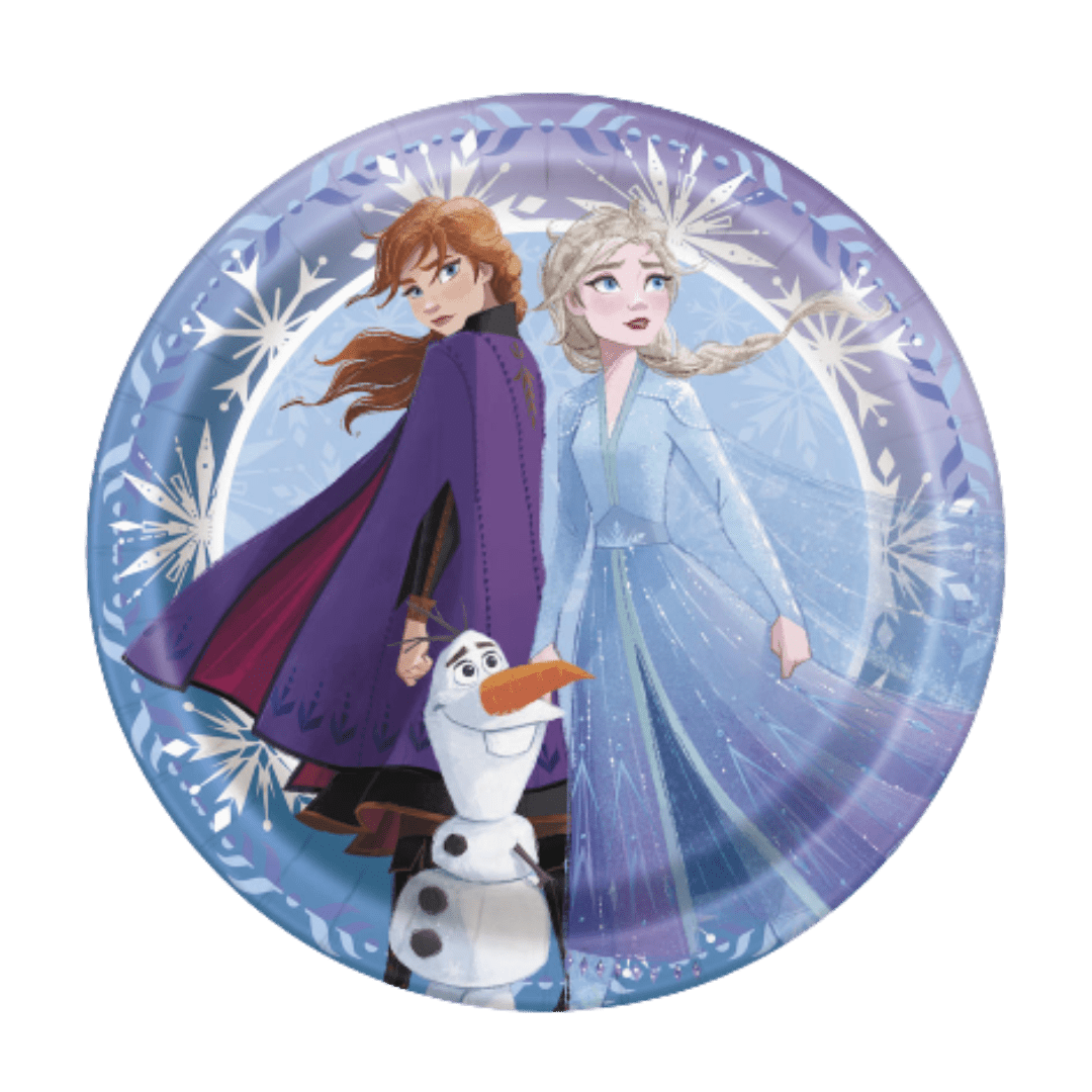 Blue and purple Frozen themed plate with Anna Elsa and Olaf for kids birthday from Parte Haus party supply store in Bethesda MD
