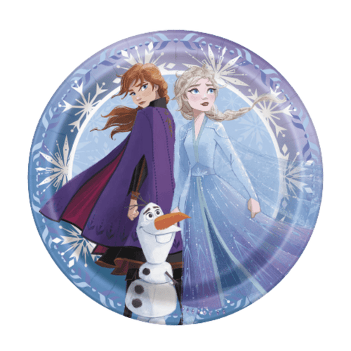 Blue and purple Frozen themed plate with Anna Elsa and Olaf for kids birthday from Parte Haus party supply store in Bethesda MD