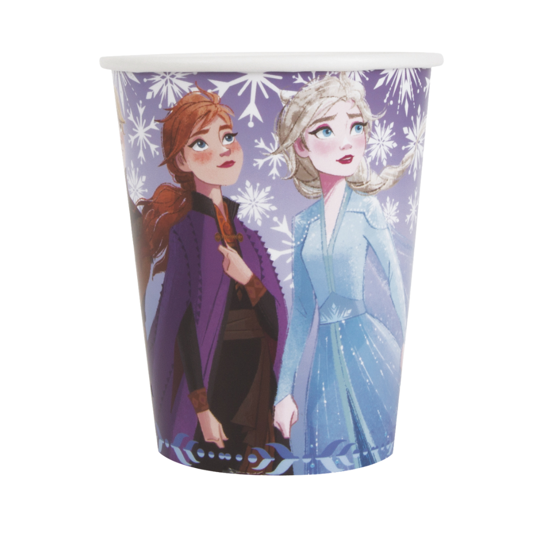 Purple Frozen paper cup with snowflake design for kids birthday from Parte Haus party supply store in Bethesda MD