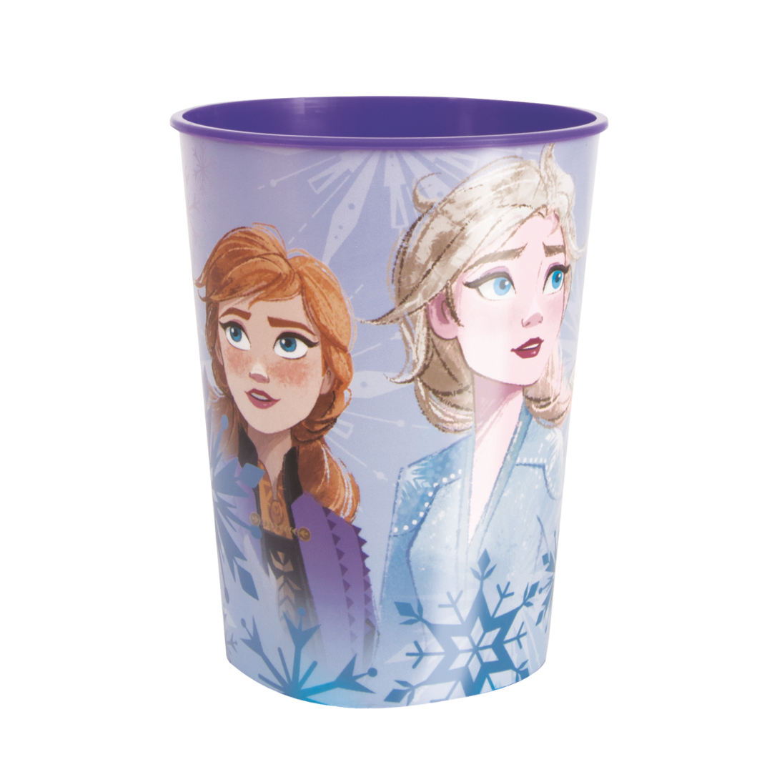 Purple Frozen plastic cup with Anna and Elsa snowy design winter birthday from Parte Haus party supply store in Bethesda MD