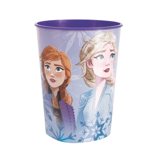 Purple Frozen plastic cup with Anna and Elsa snowy design winter birthday from Parte Haus party supply store in Bethesda MD