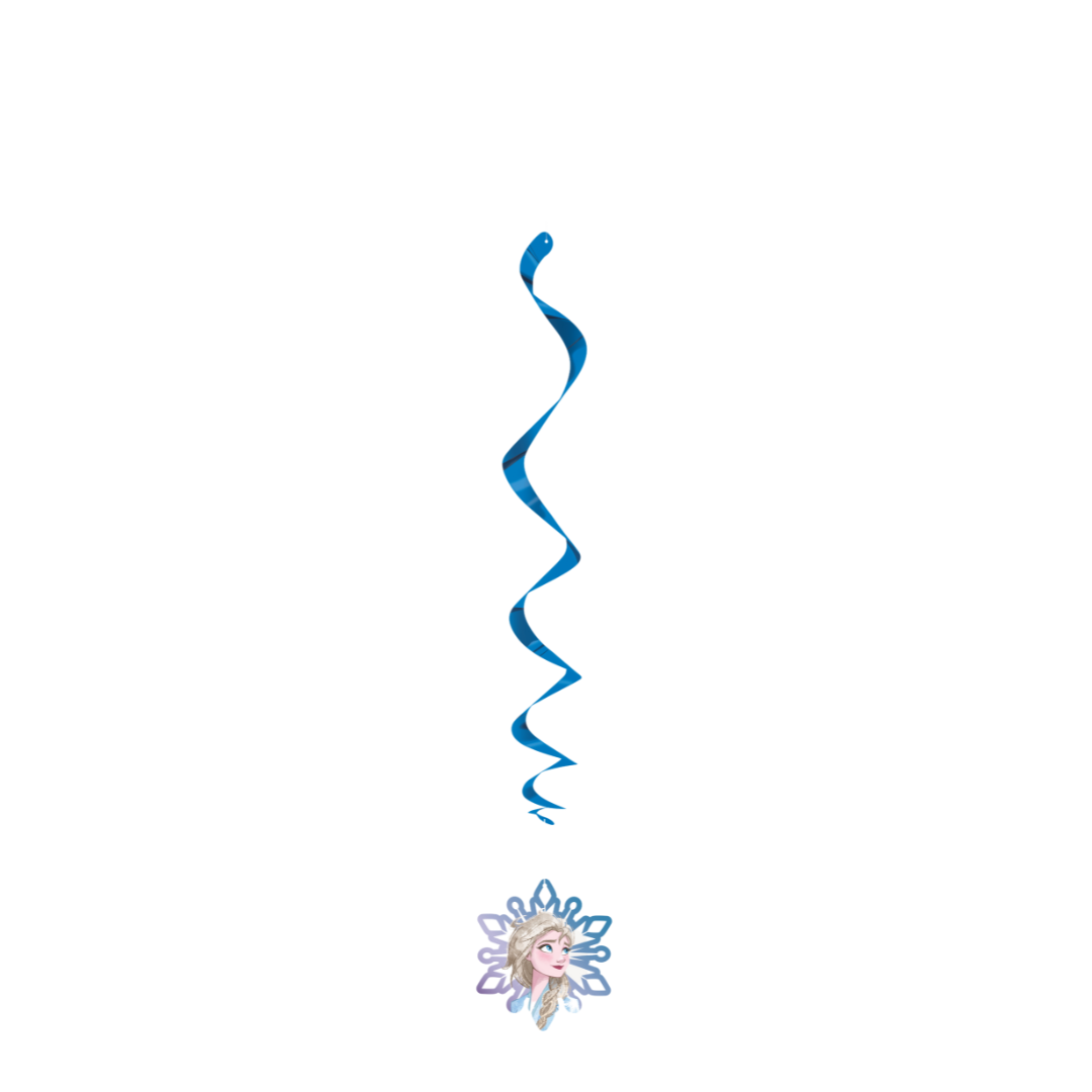 Blue Frozen swirl hanging decoration with Elsa for birthday theme from Parte Haus party supply store in Bethesda MD.