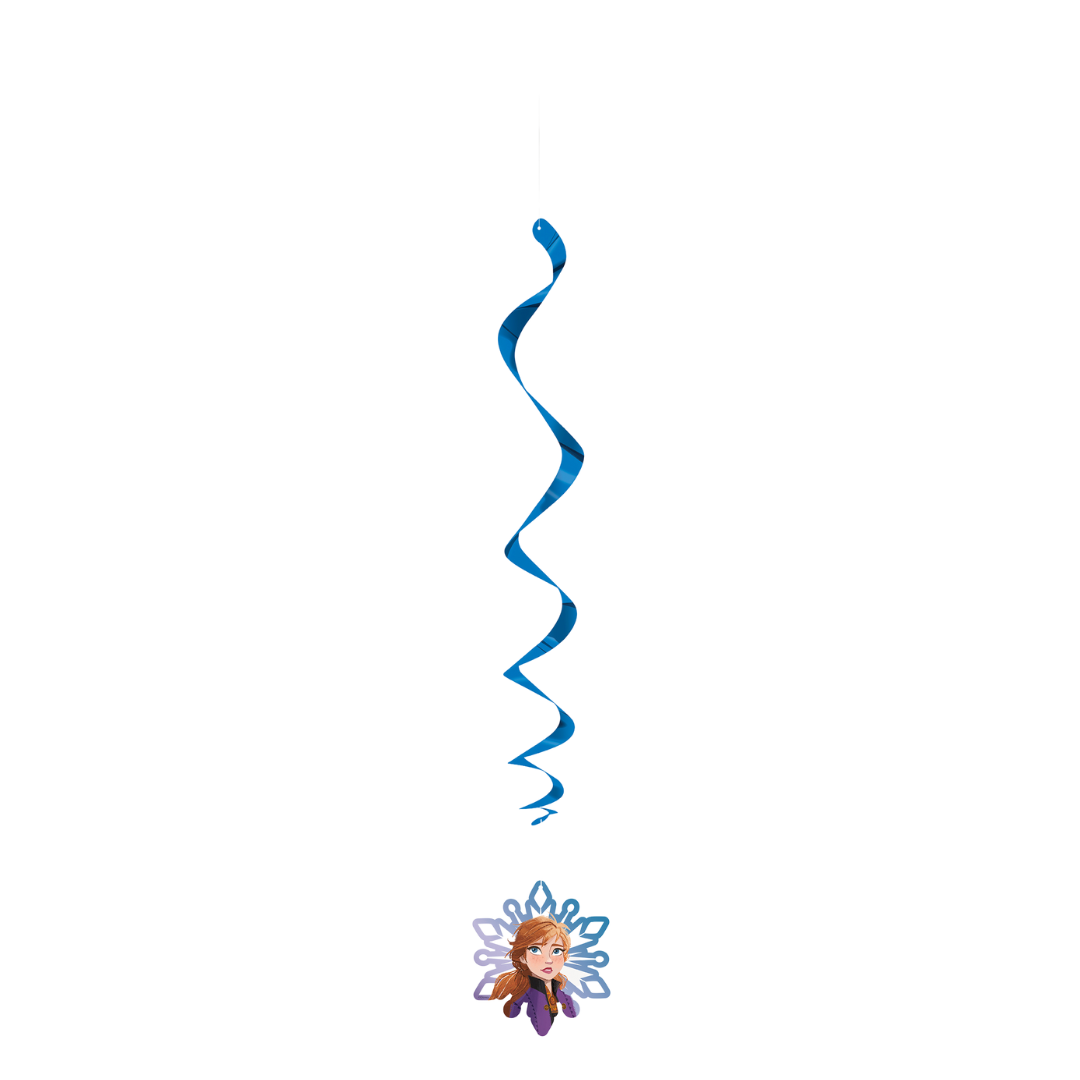 Blue Frozen swirl hanging decoration with Anna character for birthday from Parte Haus party supply store in Bethesda MD