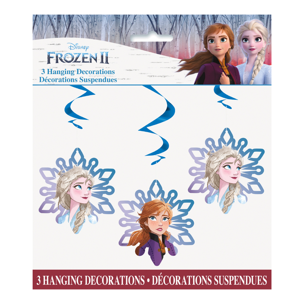Blue and purple Frozen 2 hanging snowflake decorations birthday theme from Parte Haus party supply store in Bethesda Maryland