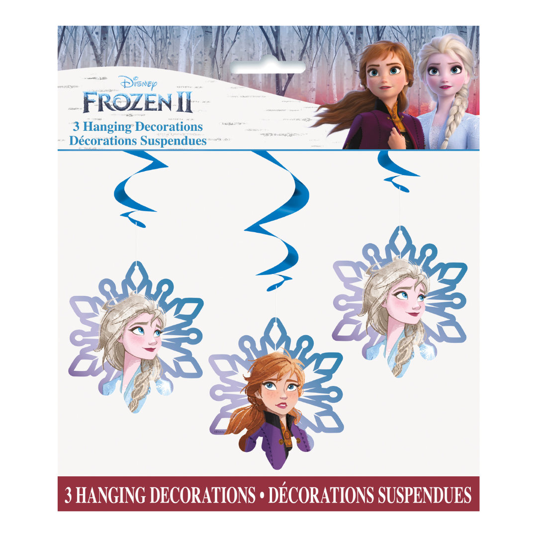 Blue and purple Frozen 2 hanging snowflake decorations birthday theme from Parte Haus party supply store in Bethesda Maryland