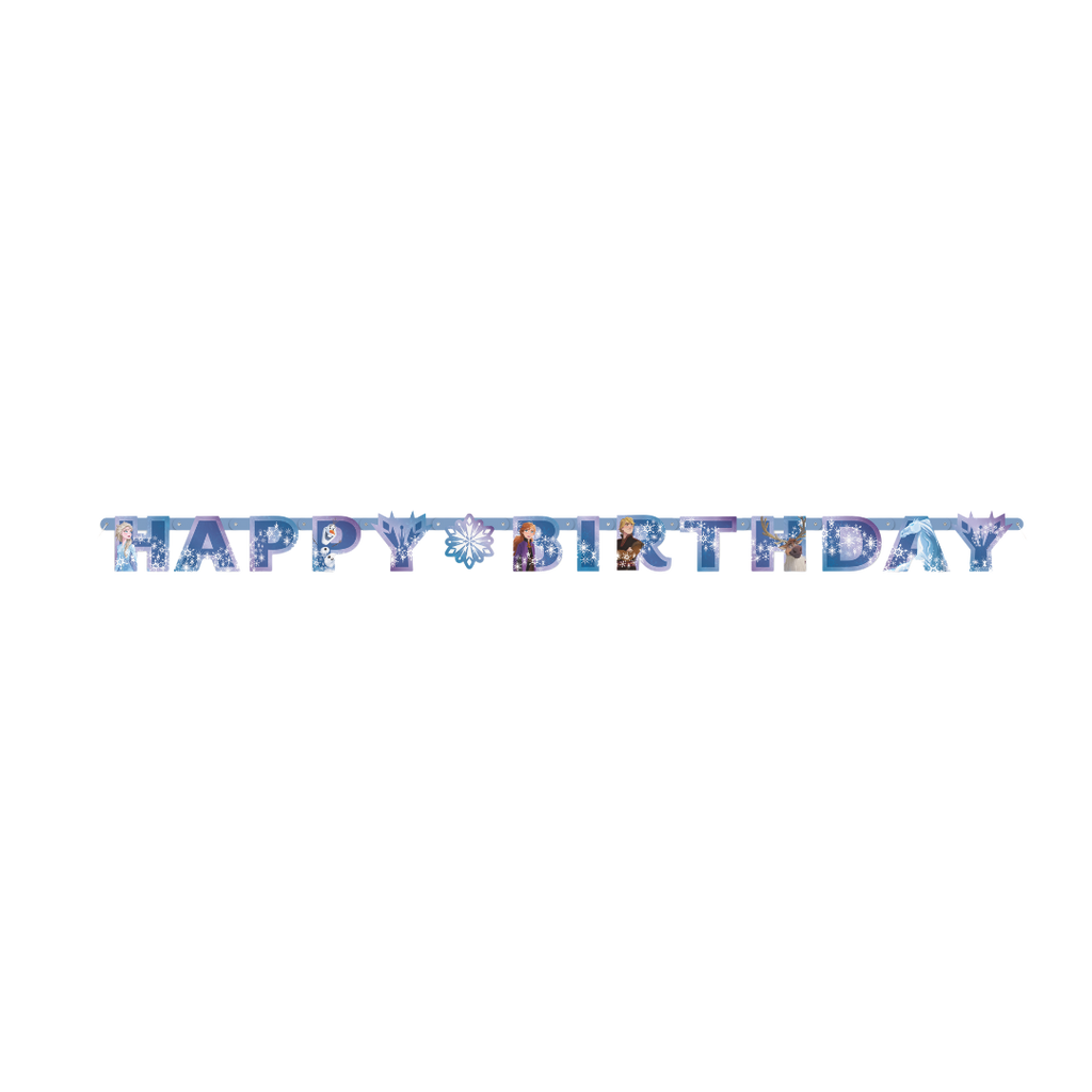blue Frozen theme happy birthday banner with characters for kids birthday from Parte Haus party supply store in Bethesda MD