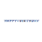 blue Frozen theme happy birthday banner with characters for kids birthday from Parte Haus party supply store in Bethesda MD