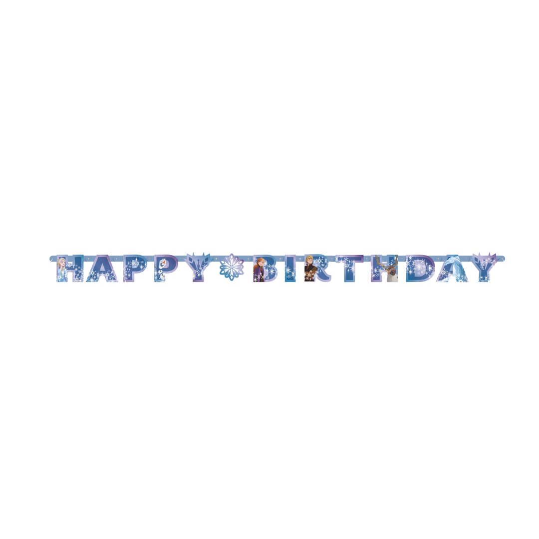 blue Frozen theme happy birthday banner with characters for kids birthday from Parte Haus party supply store in Bethesda MD