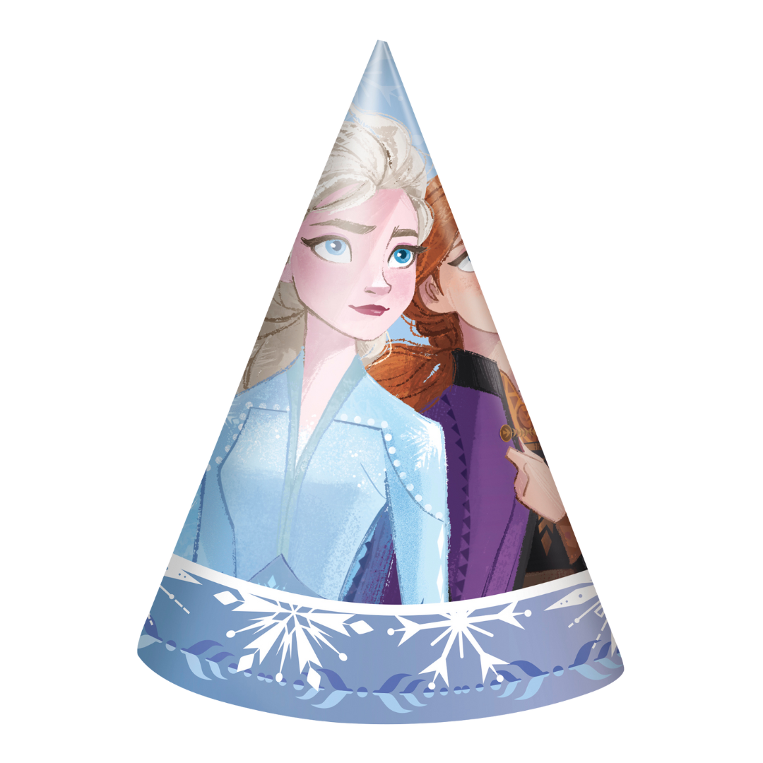 Blue Frozen cone hat with snowflakes and princess print for kids birthday from Parte Haus party supply store in Bethesda MD
