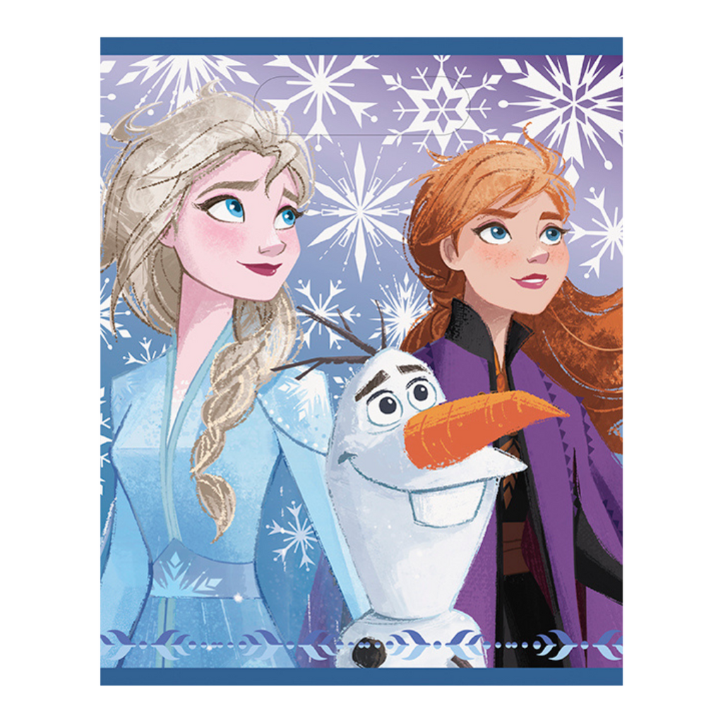 Blue Frozen themed napkin with Elsa Anna Olaf snowflakes for kids birthday from Parte Haus party supply store in Bethesda MD