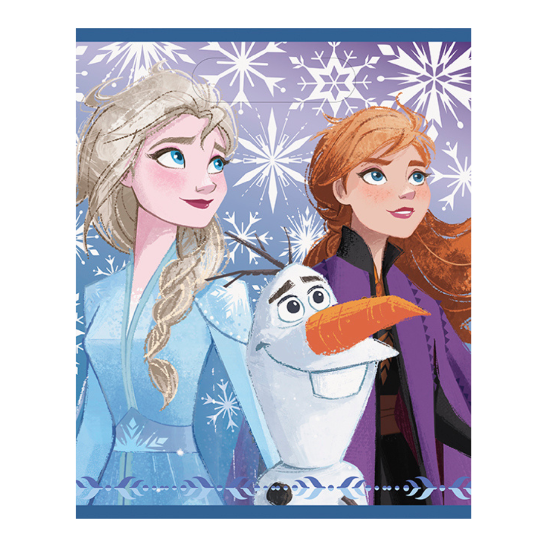 Blue Frozen themed napkin with Elsa Anna Olaf snowflakes for kids birthday from Parte Haus party supply store in Bethesda MD