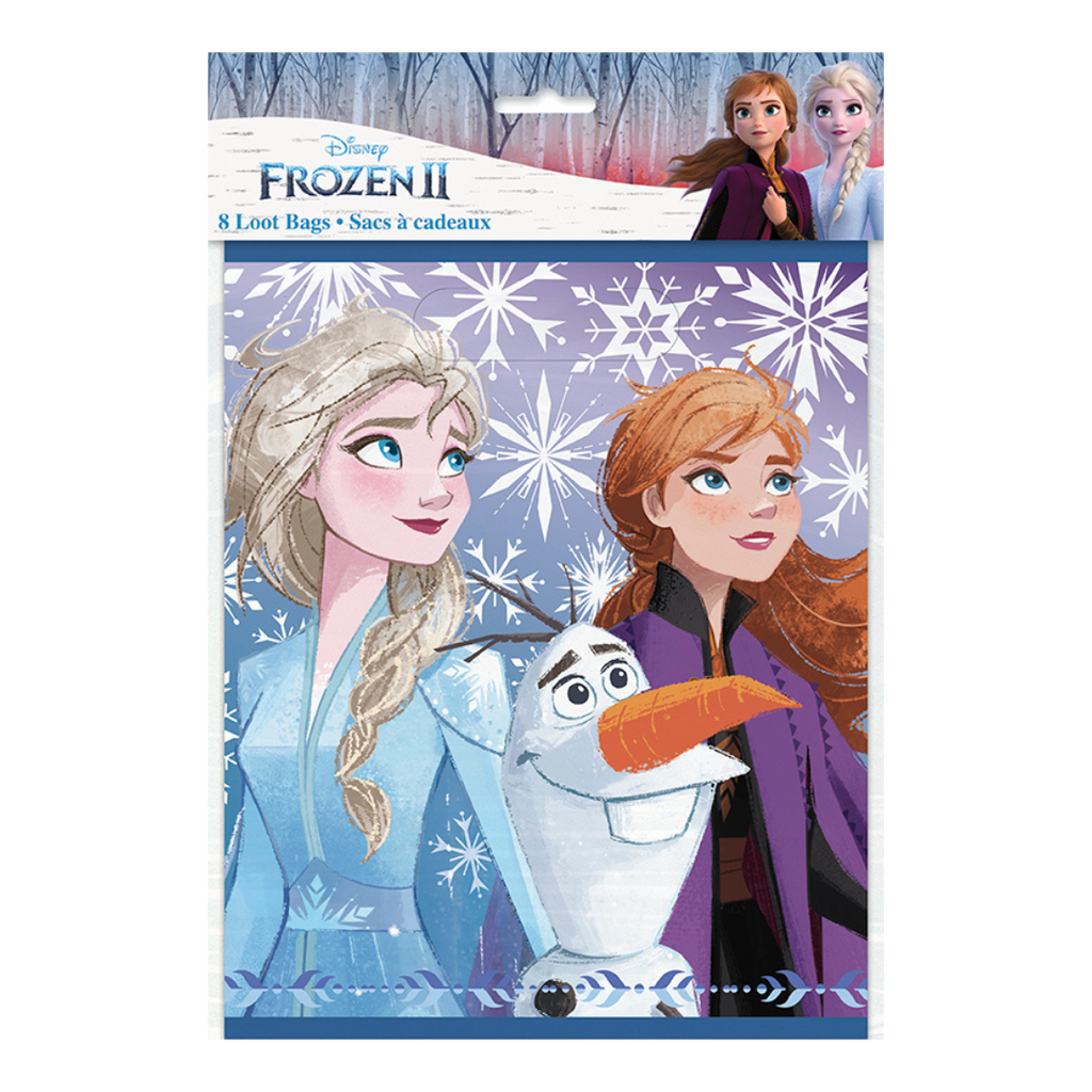 Purple Frozen themed loot bags with Elsa Anna and Olaf from Parte Haus party supply store in Bethesda Maryland