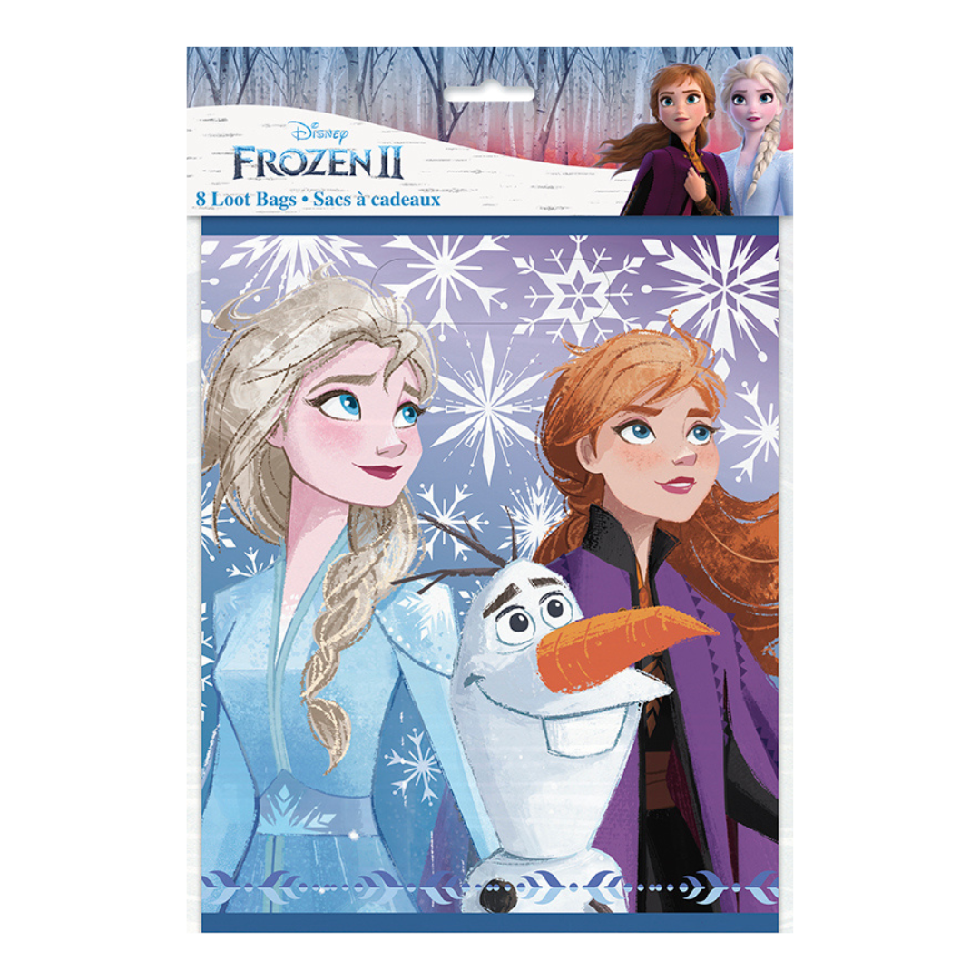 Purple Frozen themed loot bags with Elsa Anna and Olaf from Parte Haus party supply store in Bethesda Maryland