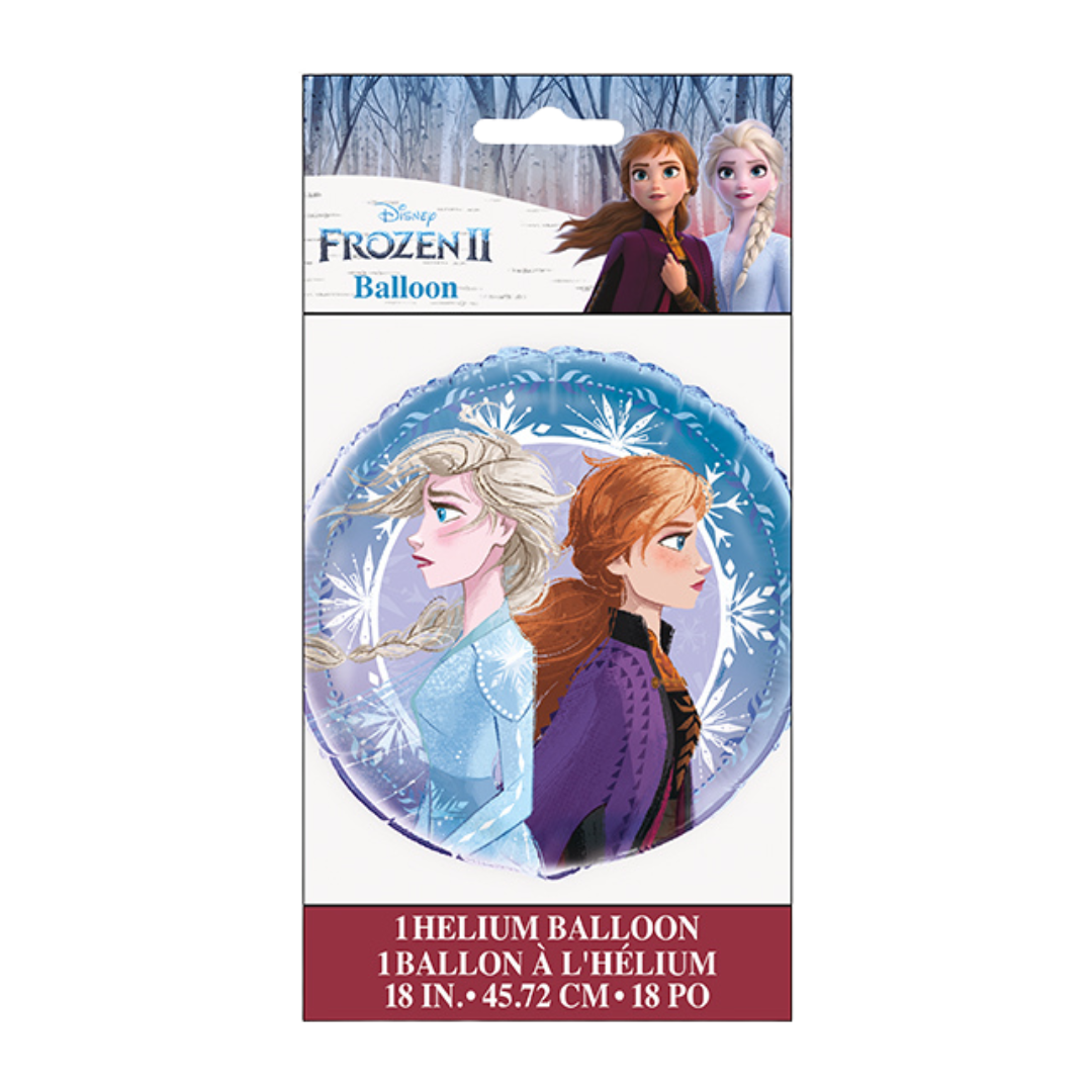Blue Frozen 2 round helium balloon with Elsa and Anna design for kids birthday from Parte Haus party supply store in Bethesda MD
