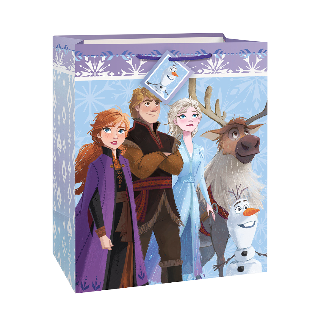 Blue Frozen gift bag with Anna Elsa Kristoff Sven and Olaf for birthday from Parte Haus party supply store in Bethesda MD