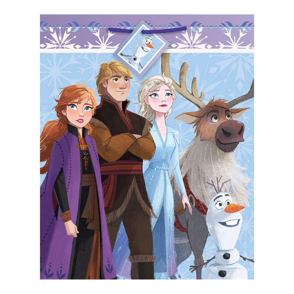 Blue Frozen themed gift bag with cartoon characters from Parte Haus party supply store in Bethesda MD