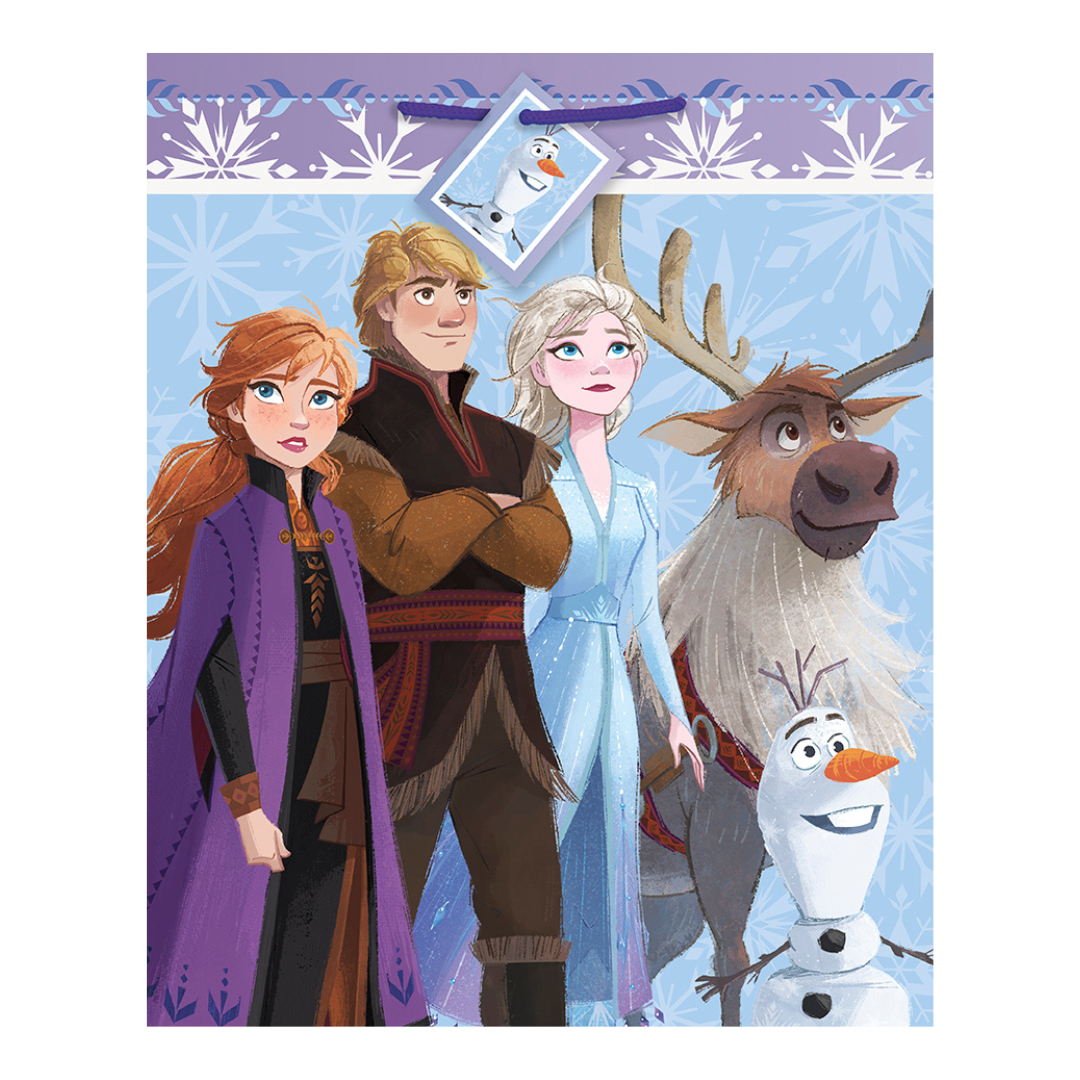 Blue Frozen themed gift bag with cartoon characters from Parte Haus party supply store in Bethesda MD