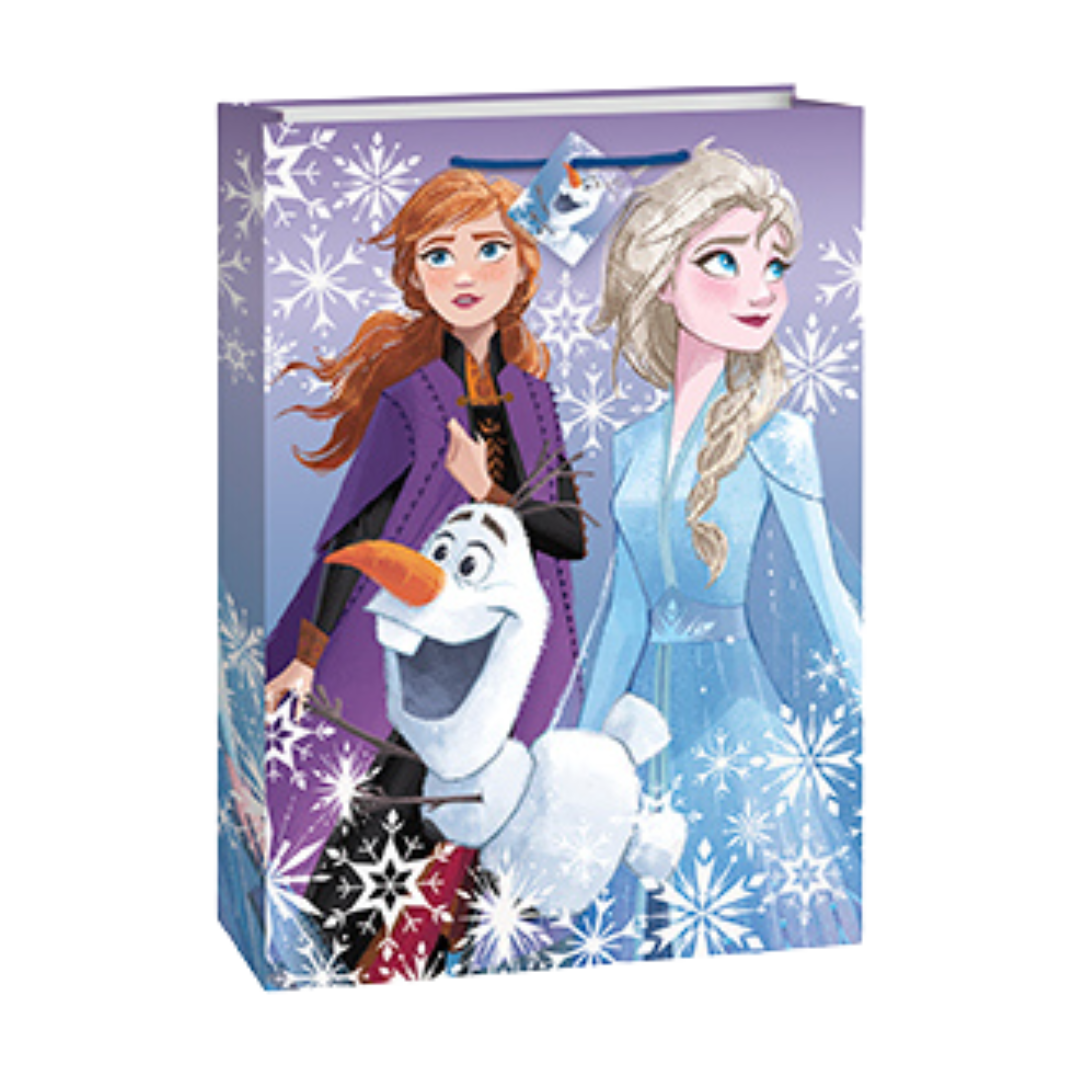 Purple Frozen gift bag with Anna Elsa Olaf and snowflakes for birthday from Parte Haus party supply store in Bethesda Maryland
