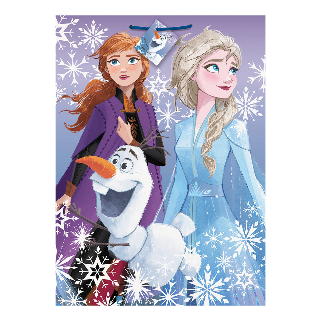 Purple Frozen gift bag with Anna Elsa and Olaf with snowflakes for birthday from Parte Haus party supply store in Bethesda Maryland